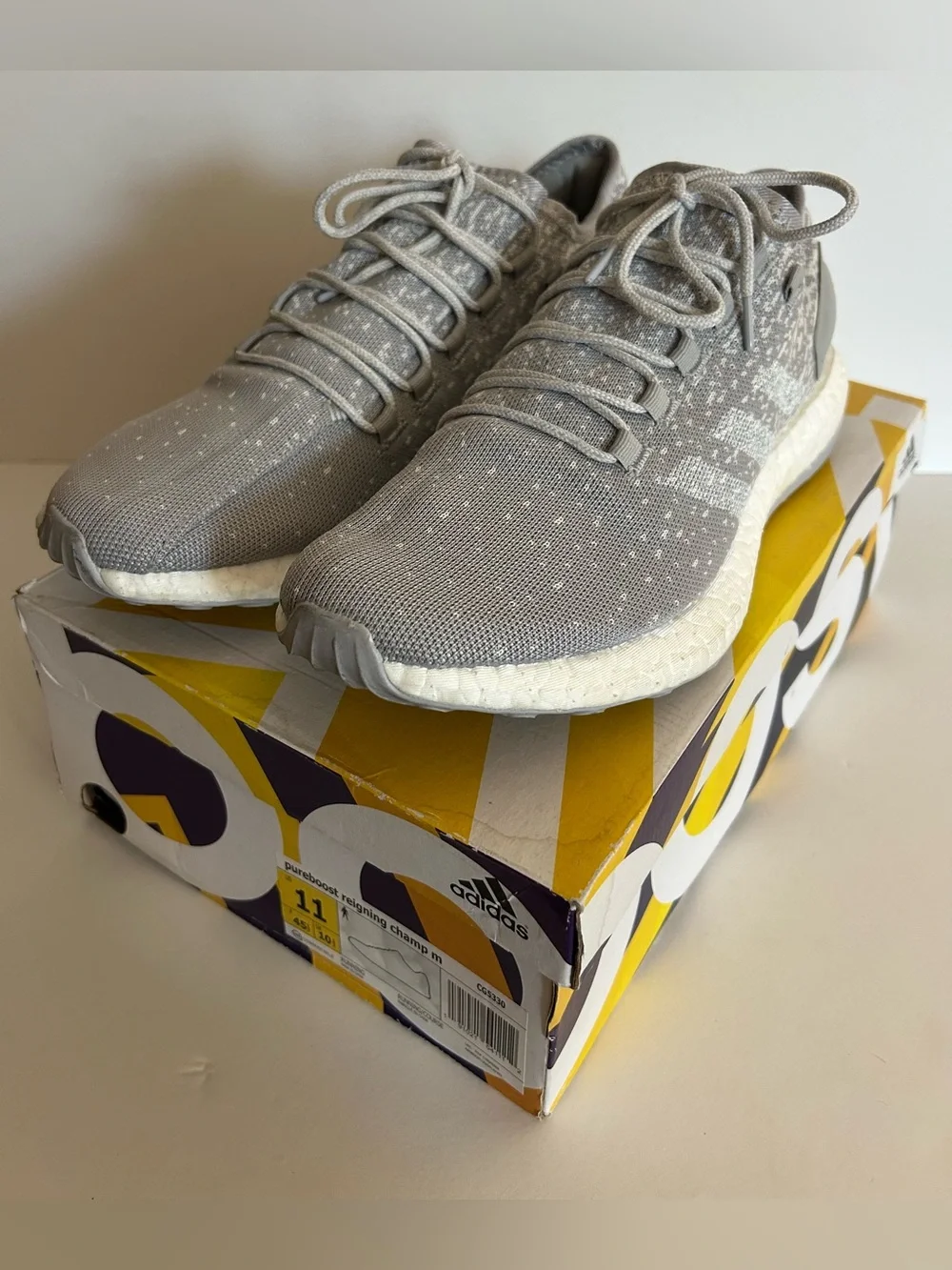 adidas White and Grey Pureboost Reigning Champ Running Shoes